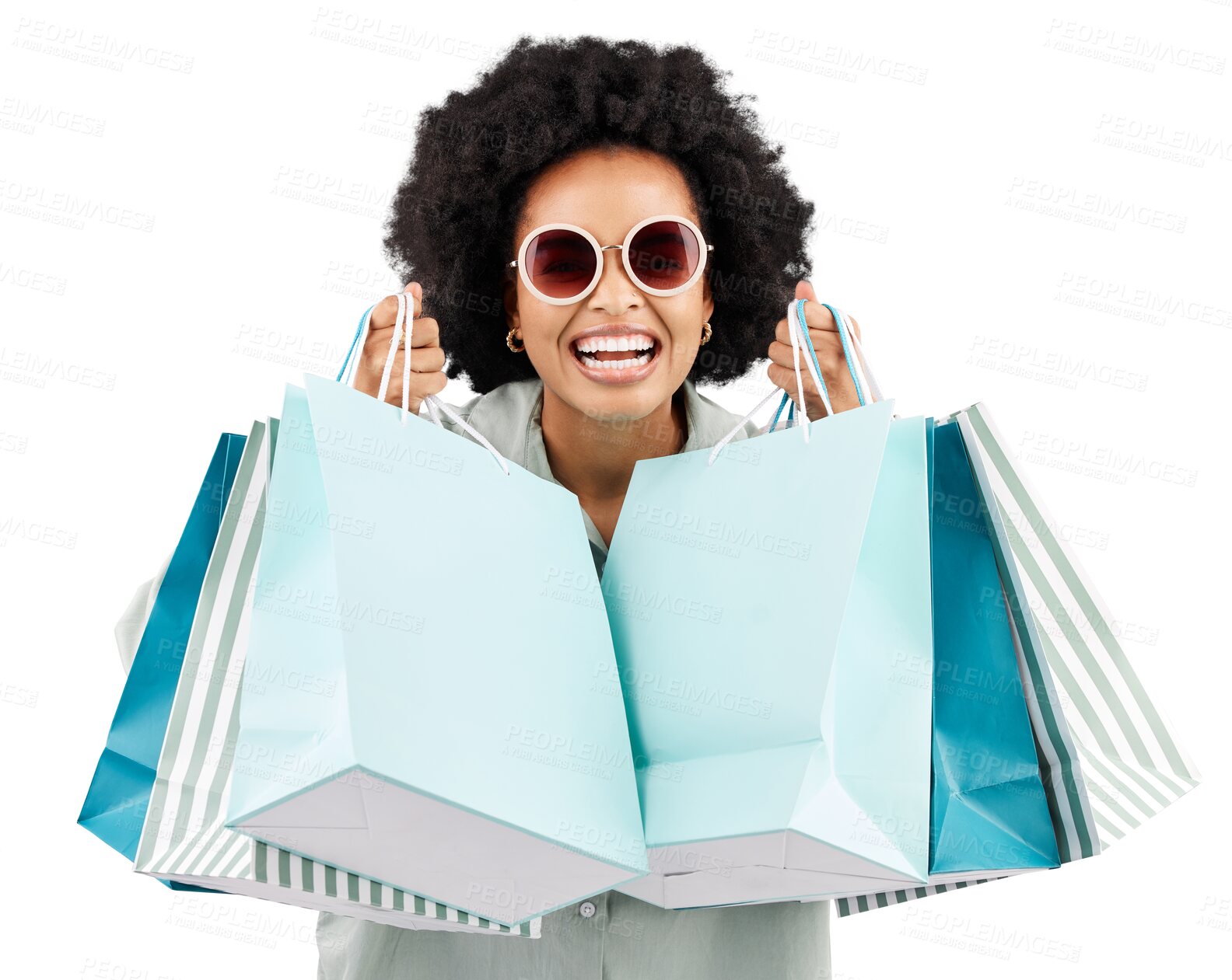 Buy stock photo Portrait, shopping bag or happy black woman laughing with sunglasses isolated on transparent png background. Sales deals, face of wealthy customer or funny rich girl with retail products for fashion