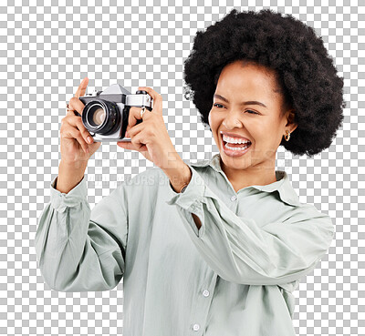 Buy stock photo Click, camera photographer and woman laugh isolated on a transparent, png background. Photography, professional and happy African female person ready to start filming, photoshoot or taking picture