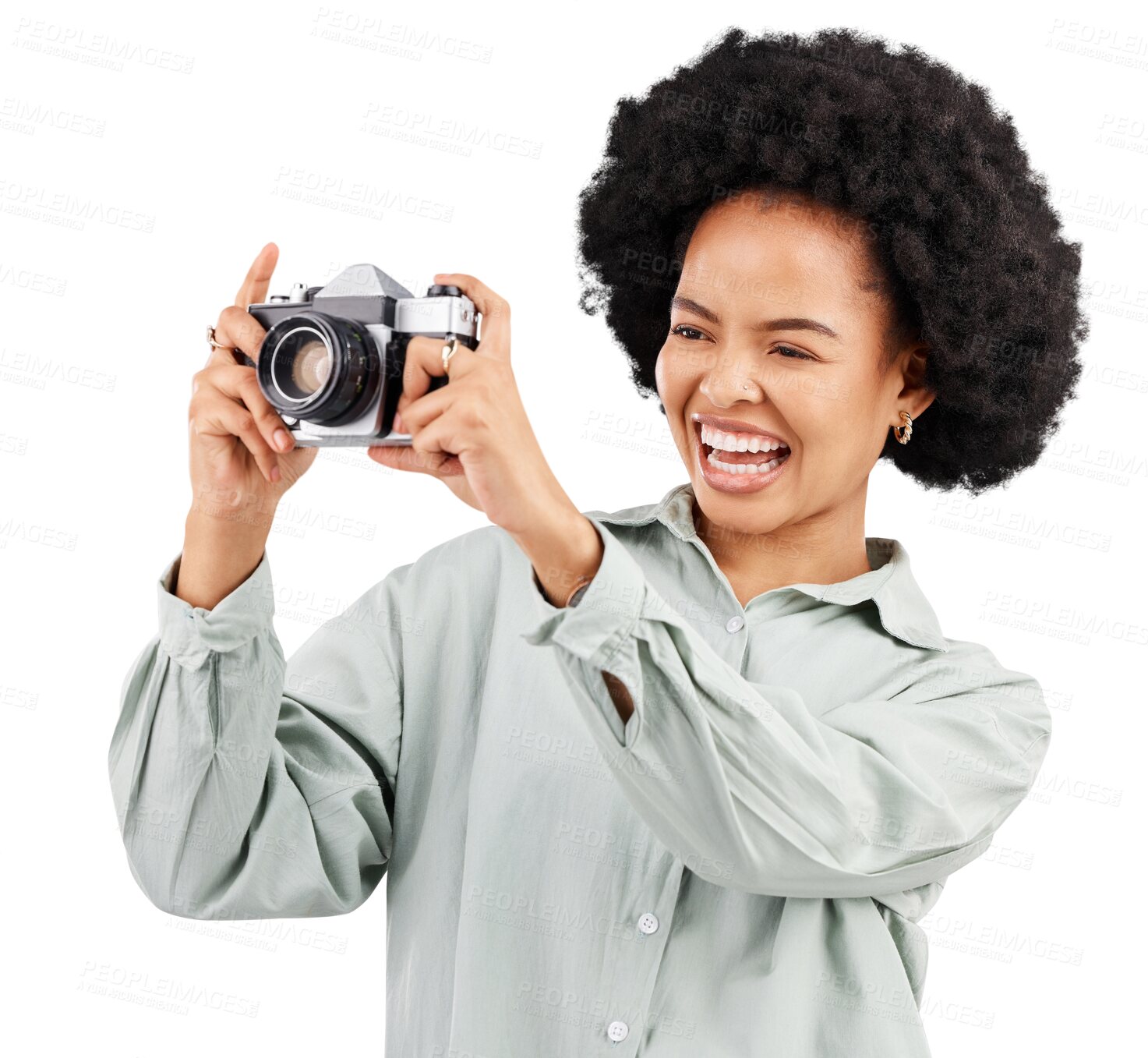 Buy stock photo Click, camera photographer and woman laugh isolated on a transparent, png background. Photography, professional and happy African female person ready to start filming, photoshoot or taking picture