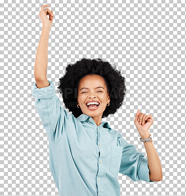 Buy stock photo Happy, portrait and black woman dance in celebration of good news on isolated, transparent and png background. Dancing, smile and African female winner celebrating success, deal or sale and discount