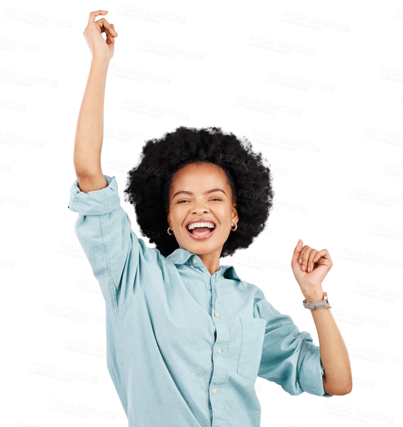 Buy stock photo Happy, portrait and black woman dance in celebration of good news on isolated, transparent and png background. Dancing, smile and African female winner celebrating success, deal or sale and discount