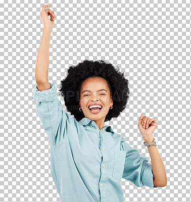 Excited, celebration and portrait of black woman in studio with winning, achievement and good news. Success, winner mockup and isolated girl on white background cheer for bonus, prize and victory