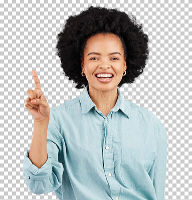 Buy stock photo Portrait, direction and woman point at happy retail offer, sales announcement or brand design notification. African person pointing at sales, service or logo isolated on transparent, png background
