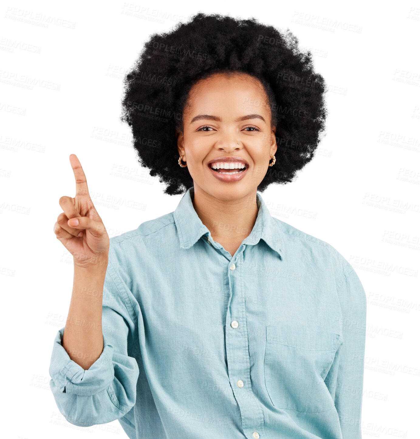 Buy stock photo Portrait, direction and woman point at happy retail offer, sales announcement or brand design notification. African person pointing at sales, service or logo isolated on transparent, png background
