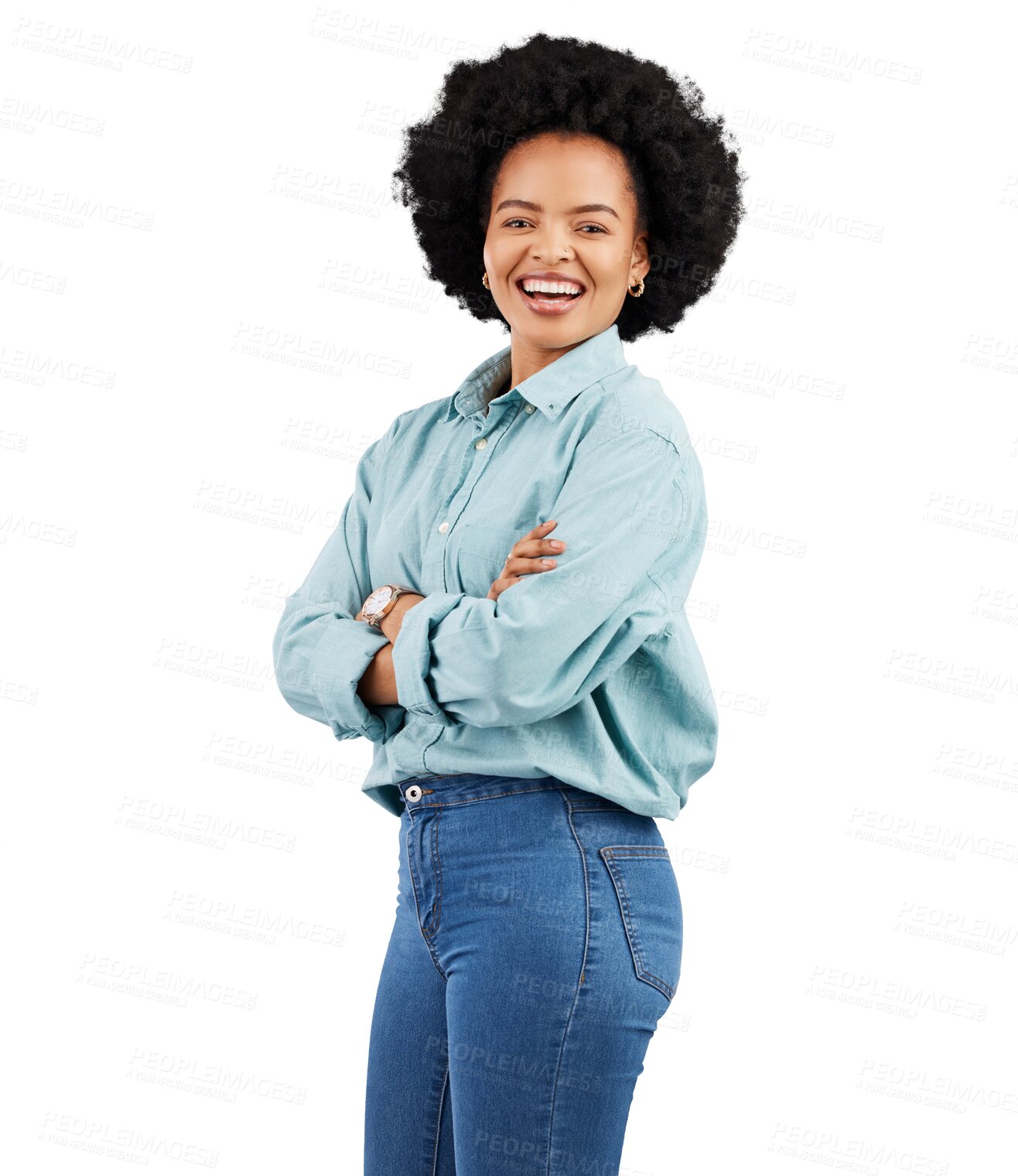 Buy stock photo Fashion, happy and portrait of black woman with crossed arms on png, isolated and transparent background. Trendy style, casual clothes and female person with positive mindset, confident and happiness