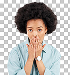 Portrait, hand and mouth with a shocked woman in studio on a gray background feeling surprised by gossip. Face, wow or afro and a young female hearing news with an omg or wtf expression of disbelief