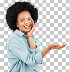 Product placement, hand and portrait of black woman in studio for branding, advertising and choice gesture. Promotion, mockup space and happy girl show hands for marketing, presentation and logo
