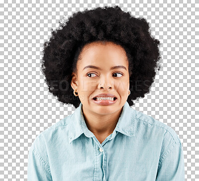 Black woman, afro and oops face in studio with comic expression for fail by white background. Girl, model and african student with mistake, accident or thinking of bad decision in memory by backdrop