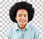 Black woman, afro and oops face in studio with comic expression for fail by white background. Girl, model and african student with mistake, accident or thinking of bad decision in memory by backdrop