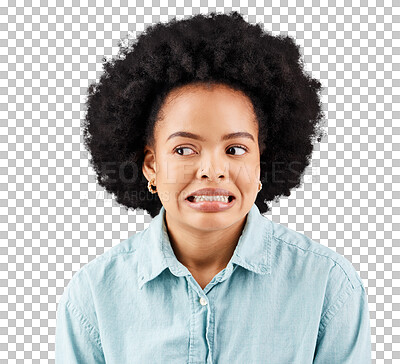 Buy stock photo Woman, afro and oops fail face in studio with comic expression for fear from problem. young, african female student with mistake, accident or bad decision isolated on a transparent, png background