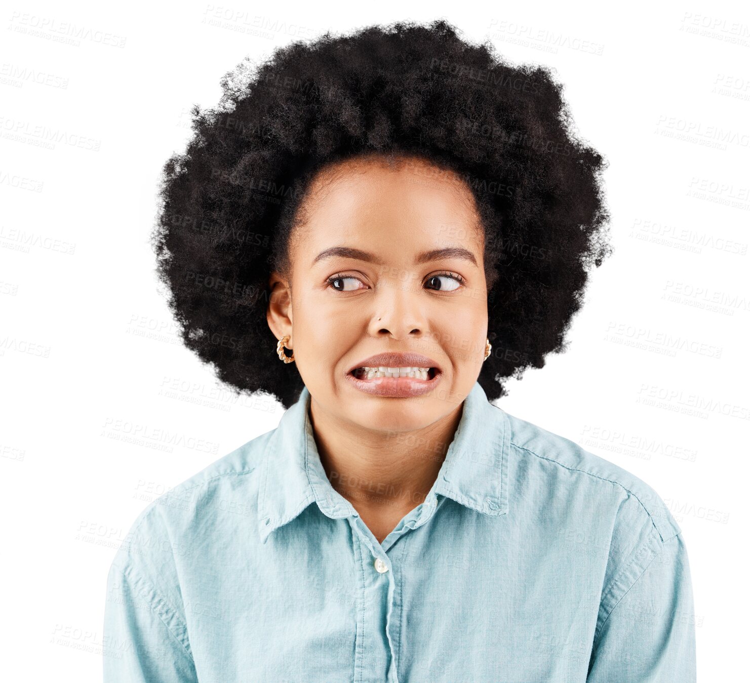 Buy stock photo Woman, afro and oops fail face in studio with comic expression for fear from problem. young, african female student with mistake, accident or bad decision isolated on a transparent, png background