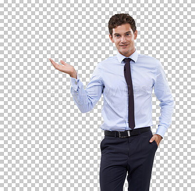 Buy stock photo Presentation, show and portrait of business man with hand on isolated, PNG and transparent background. Professional, marketing and happy male person with gesture for announcement, news or advertising