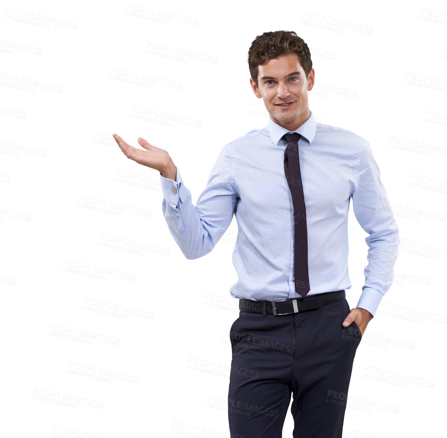 Buy stock photo Presentation, show and portrait of business man with hand on isolated, PNG and transparent background. Professional, marketing and happy male person with gesture for announcement, news or advertising