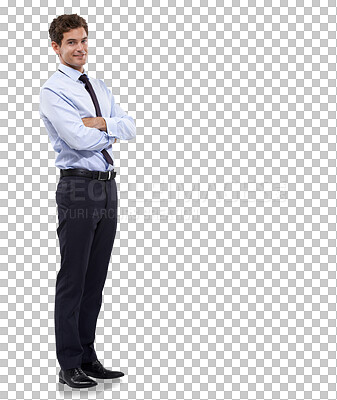 Buy stock photo Business man, arms crossed and portrait  with corporate confidence and success. Male employee, happy and professional isolated on a transparent, png background ready for working with trendy job style