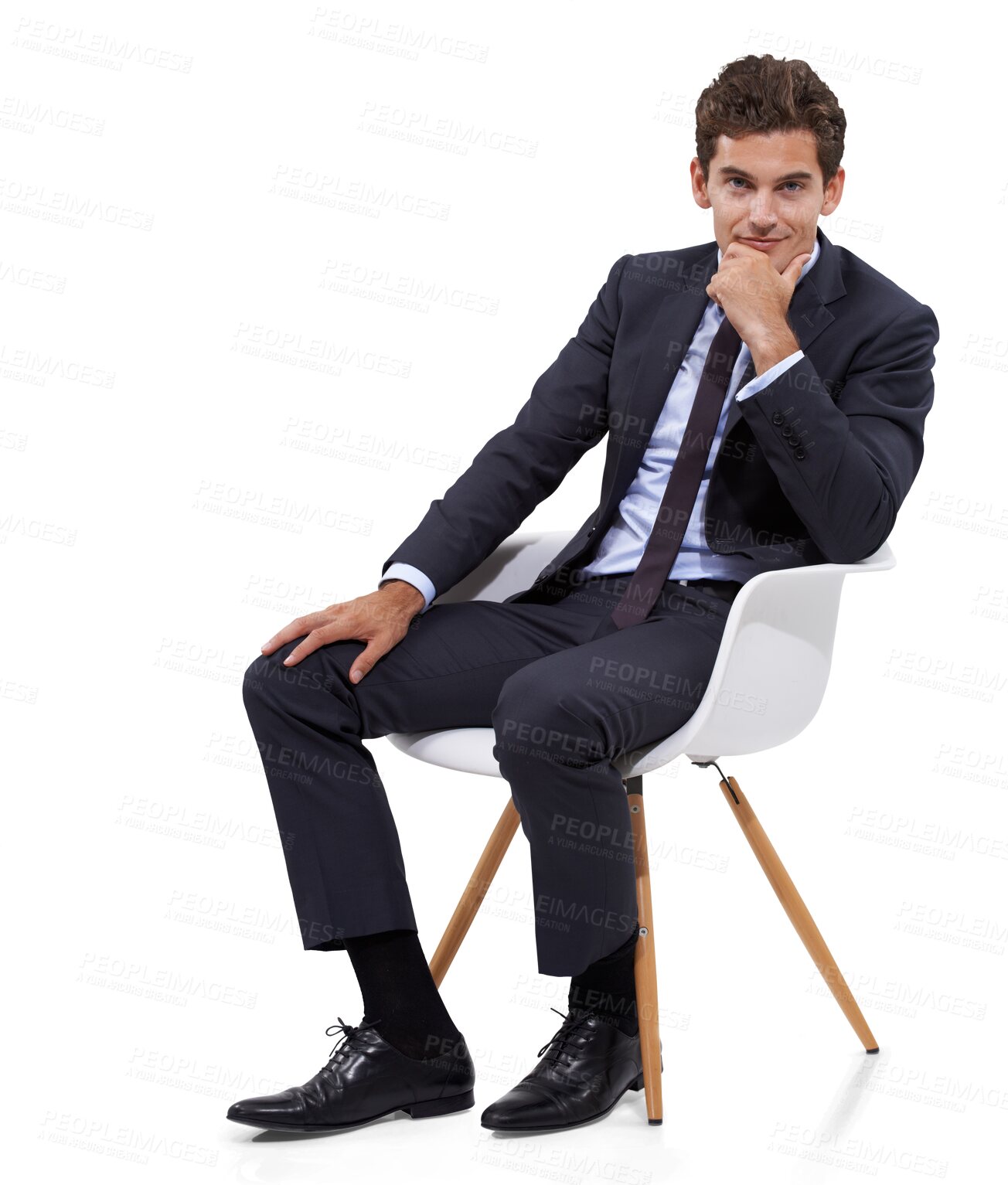 Buy stock photo Business man, thinking and sit portrait isolated on a transparent, png background. Corporate, male professional and young worker with ideas and inspiration for success ready for work in suit