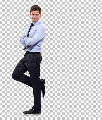 Buy stock photo Business man, wall leaning and portrait isolated on transparent, png background. Corporate, male employee and smile with confidence feeling happy from professional success and work arms with crossed