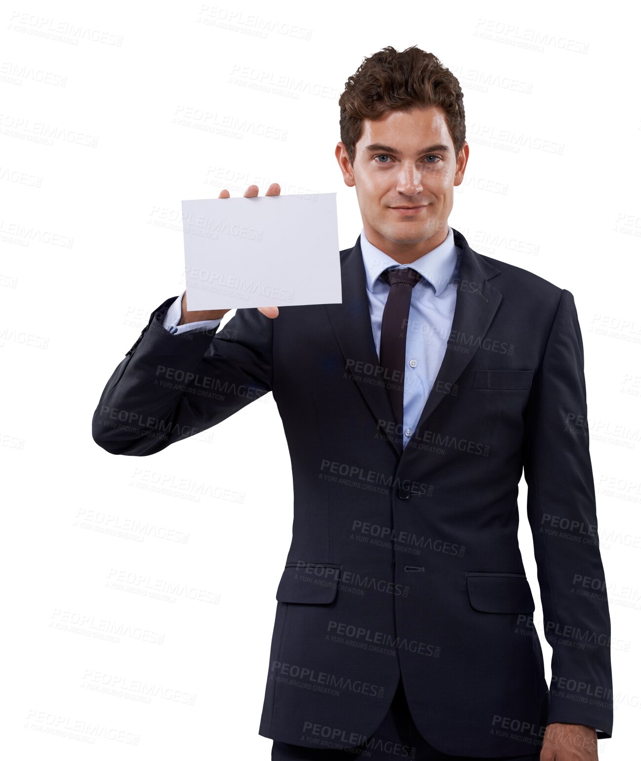 Buy stock photo Mockup, card and portrait of business man on transparent background for news, announcement and promotion. Corporate, poster and sign with employee and paper isolated on png for idea, planning or show