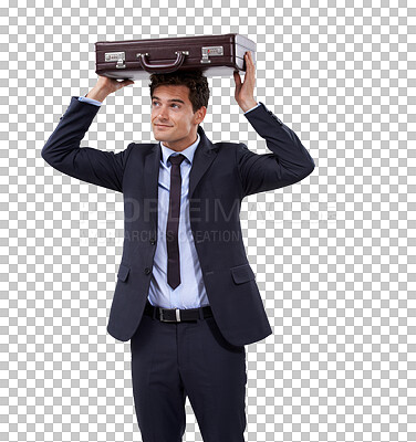 Buy stock photo Briefcase, head and business man thinking and checking weather for rain. Male professional, suit and isolated on a transparent, png background with suitcase and bag for work above to stay dry