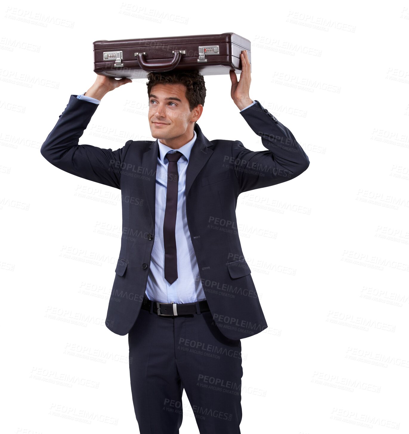 Buy stock photo Briefcase, head and business man thinking and checking weather for rain. Male professional, suit and isolated on a transparent, png background with suitcase and bag for work above to stay dry