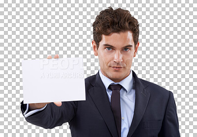 Buy stock photo Business man, poster paper and portrait of worker with mockup space for deal and advertisement. Promo, deal and announcement sign with a male executive isolated on a transparent, png background