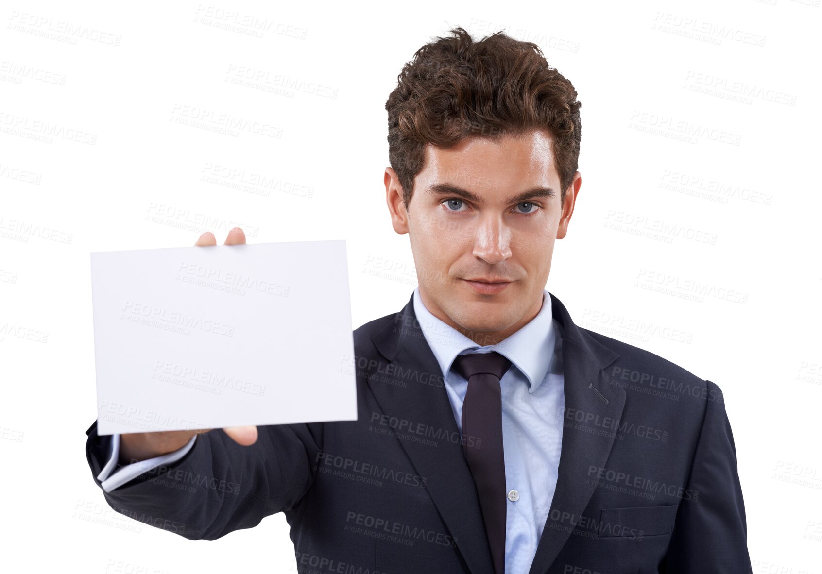 Buy stock photo Business man, poster paper and portrait of worker with mockup space for deal and advertisement. Promo, deal and announcement sign with a male executive isolated on a transparent, png background