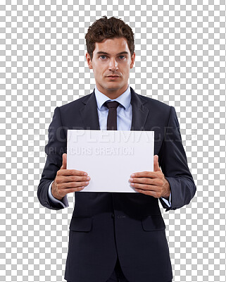 Buy stock photo Mockup, sign and portrait of business man on transparent background for news, announcement and promotion. Corporate, poster and paper with employee and card isolated on png for idea, planning or show