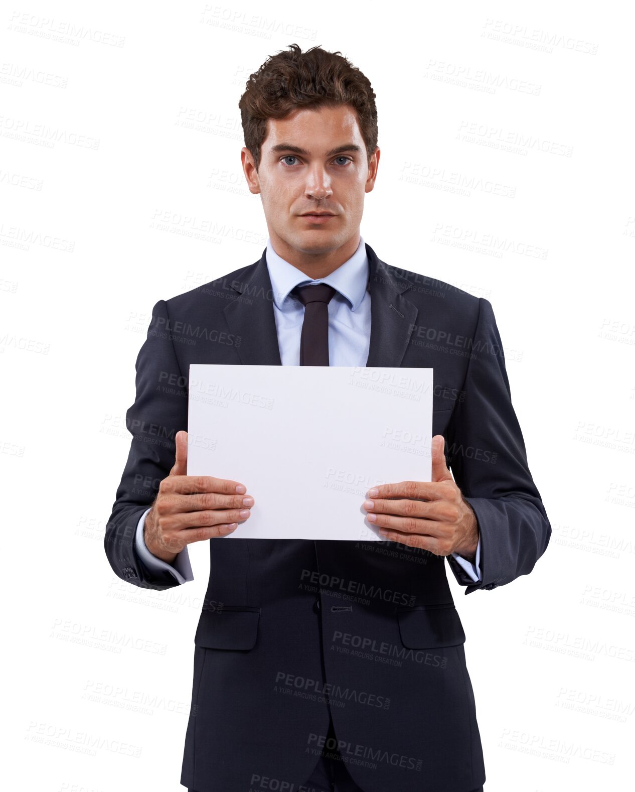 Buy stock photo Mockup, sign and portrait of business man on transparent background for news, announcement and promotion. Corporate, poster and paper with employee and card isolated on png for idea, planning or show