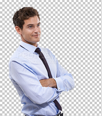 Buy stock photo Arms crossed, business man and thinking for work isolated on a transparent, png background. Professional, employee and male person with ideas and inspiration for career vision and job success