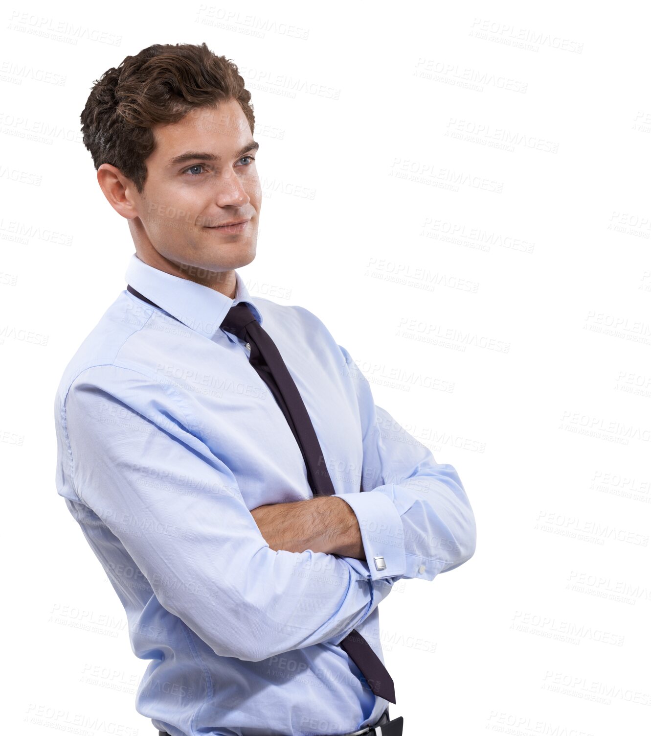 Buy stock photo Arms crossed, business man and thinking for work isolated on a transparent, png background. Professional, employee and male person with ideas and inspiration for career vision and job success