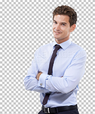 Buy stock photo Business man, arms crossed and job portrait with corporate confidence and success. Male employee, happy and professional isolated on a transparent, png background ready for working with trendy style
