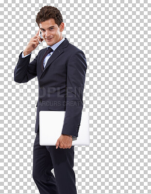 Buy stock photo Portrait of businessman, laptop and phone call isolated on transparent png background in suit with networking. Business, cellphone and connection, happy man consulting with communication and talking.