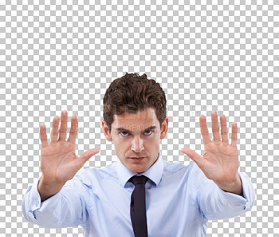 Buy stock photo Portrait of man, stop and warning for danger, rejection and pause isolated on transparent png background. Risk, doubt and male model with hands up, no sign gesture and compliance for job regulations.