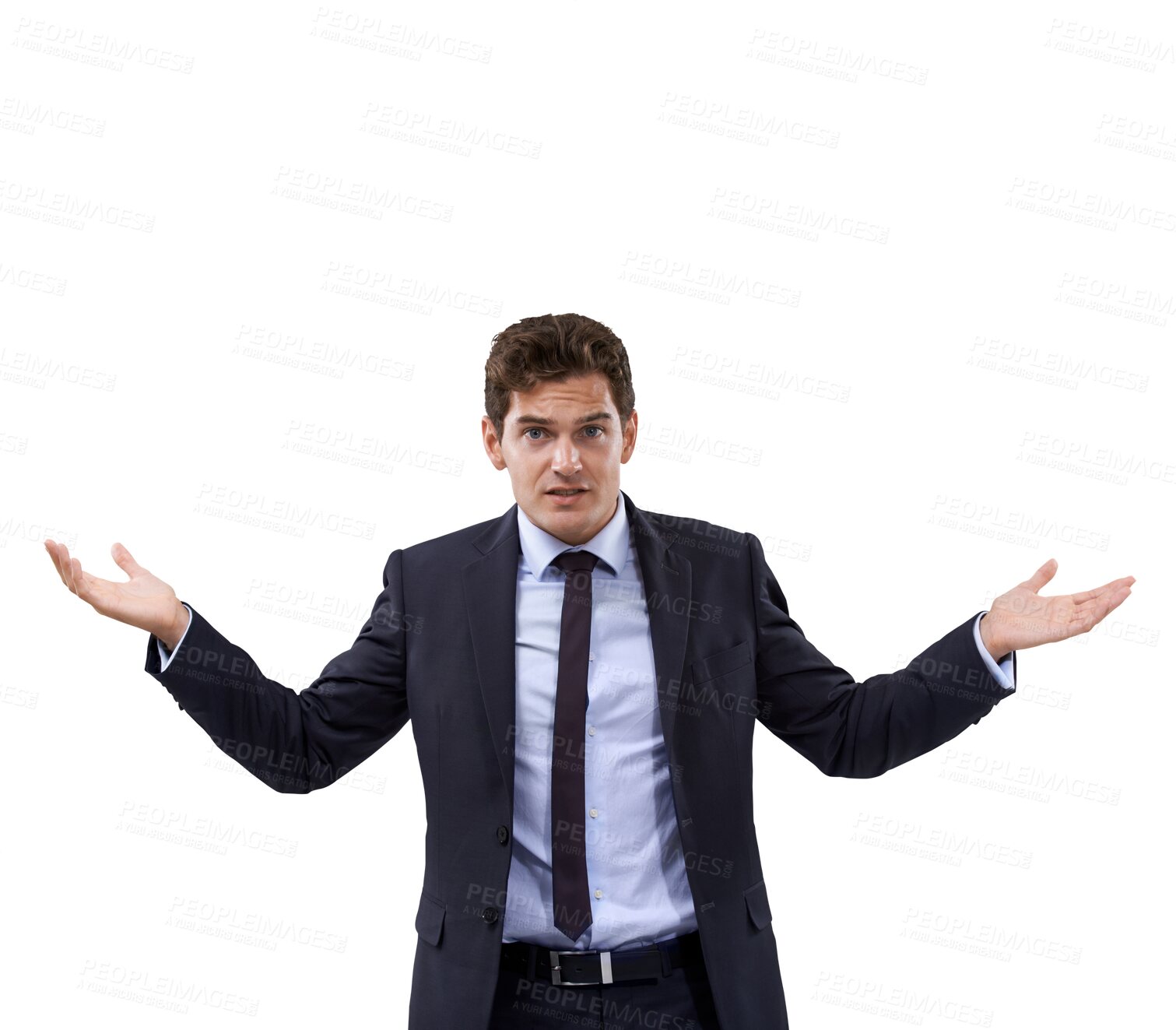 Buy stock photo Portrait of businessman, shrug and doubt isolated on transparent png background with questions. Why, problem and confused man with hands up in frustration, confusion and difficult choice for startup.
