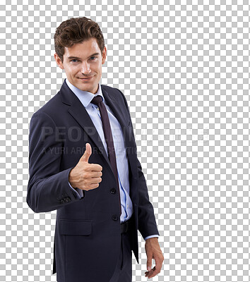 Buy stock photo Thumbs up, portrait and business man with thank you sign on isolated, transparent or png background. Face, yes and male person with good news, feedback or review, symbol or success, vote or emoji