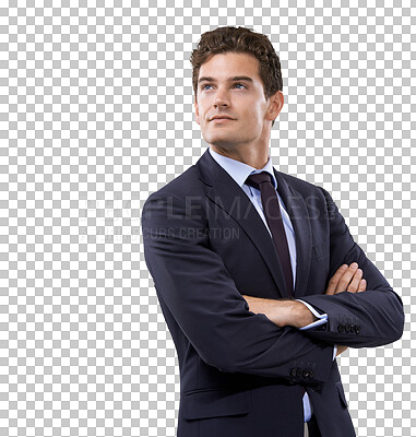 Buy stock photo Business man, thinking about future with arms crossed, confidence and pride isolated on transparent png background. Corporate vision, male boss and ambition, professional mindset and career growth