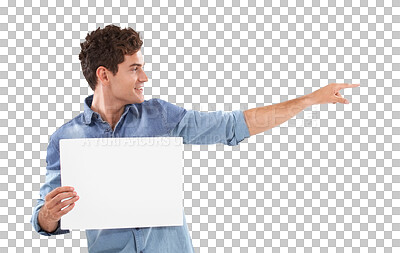 Buy stock photo Hand, pointing and man with paper, poster or mockup on isolated, transparent or png background. Space, banner and happy male person showing news, announcement or coming soon, information or promotion