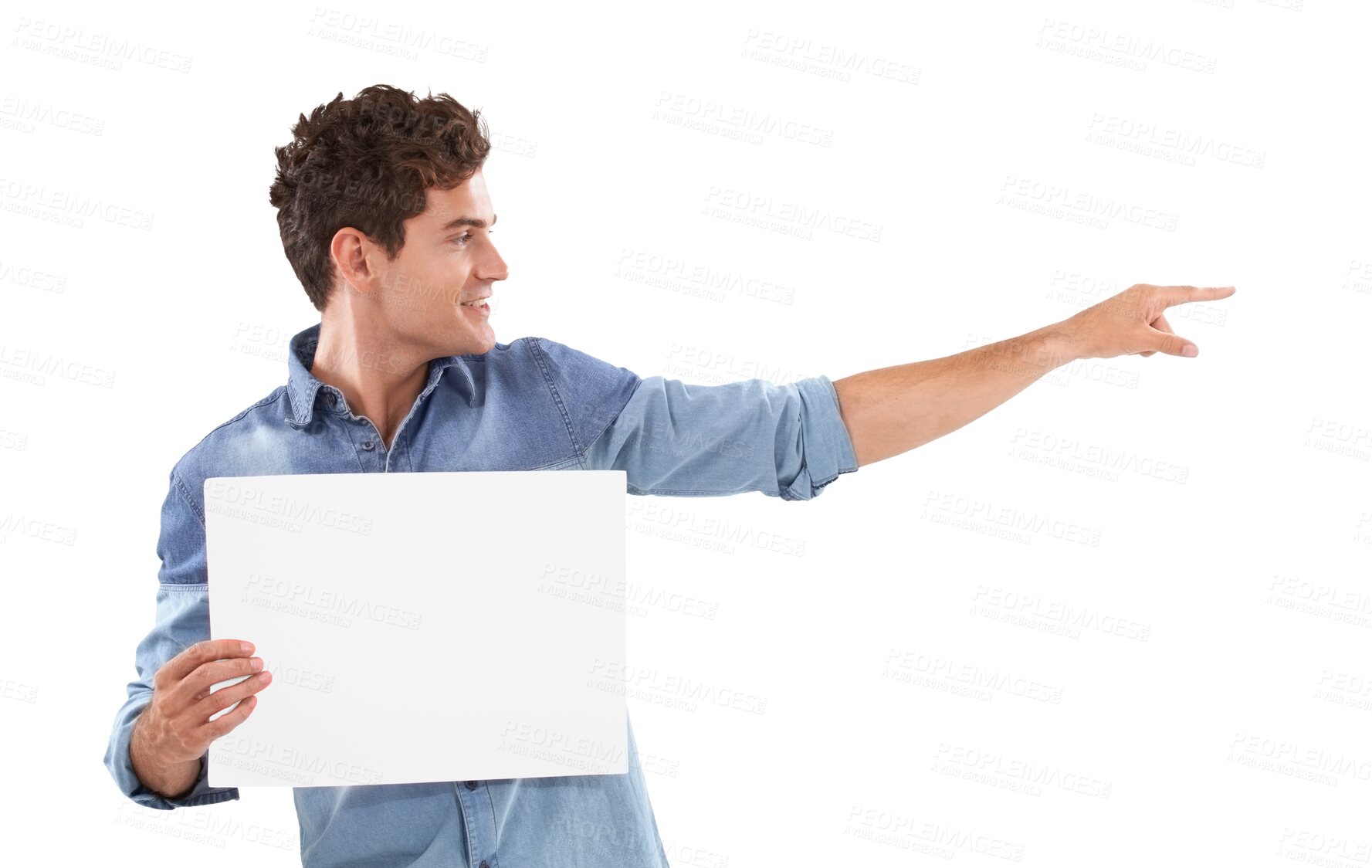 Buy stock photo Hand, pointing and man with paper, poster or mockup on isolated, transparent or png background. Space, banner and happy male person showing news, announcement or coming soon, information or promotion