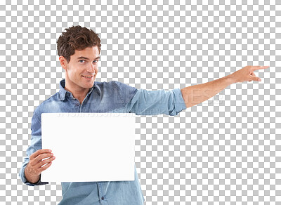 Buy stock photo Portrait, hand pointing and man with paper, poster or mockup on isolated, transparent or png background. Space, banner and face of male person with news, announcement or coming soon information promo