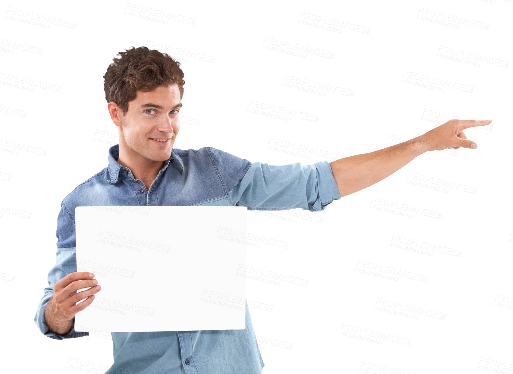 Buy stock photo Portrait, hand pointing and man with paper, poster or mockup on isolated, transparent or png background. Space, banner and face of male person with news, announcement or coming soon information promo