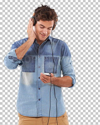 Buy stock photo Music headphones, phone and happy man isolated on a transparent png background. Smartphone, smile and person listening to radio, streaming podcast or sound for audio, jazz or enjoying hip hop song.