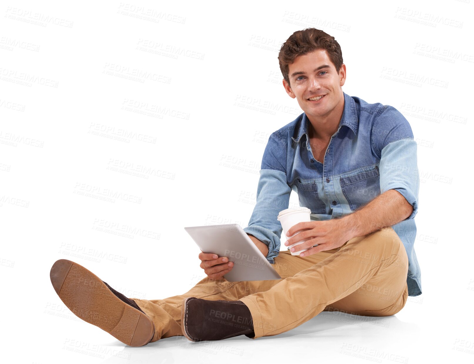 Buy stock photo Tablet, coffee break portrait and relax man, student or person working on report, research or feedback review. Internet, university project and male learner isolated on transparent, png background