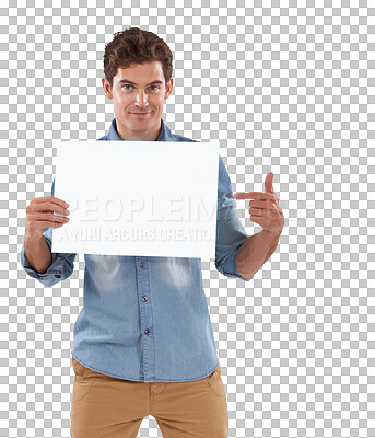 Buy stock photo Hand pointing, portrait and man with paper, poster or mockup on isolated, transparent or png background. Space, banner and face of male person with news, announcement or coming soon information promo