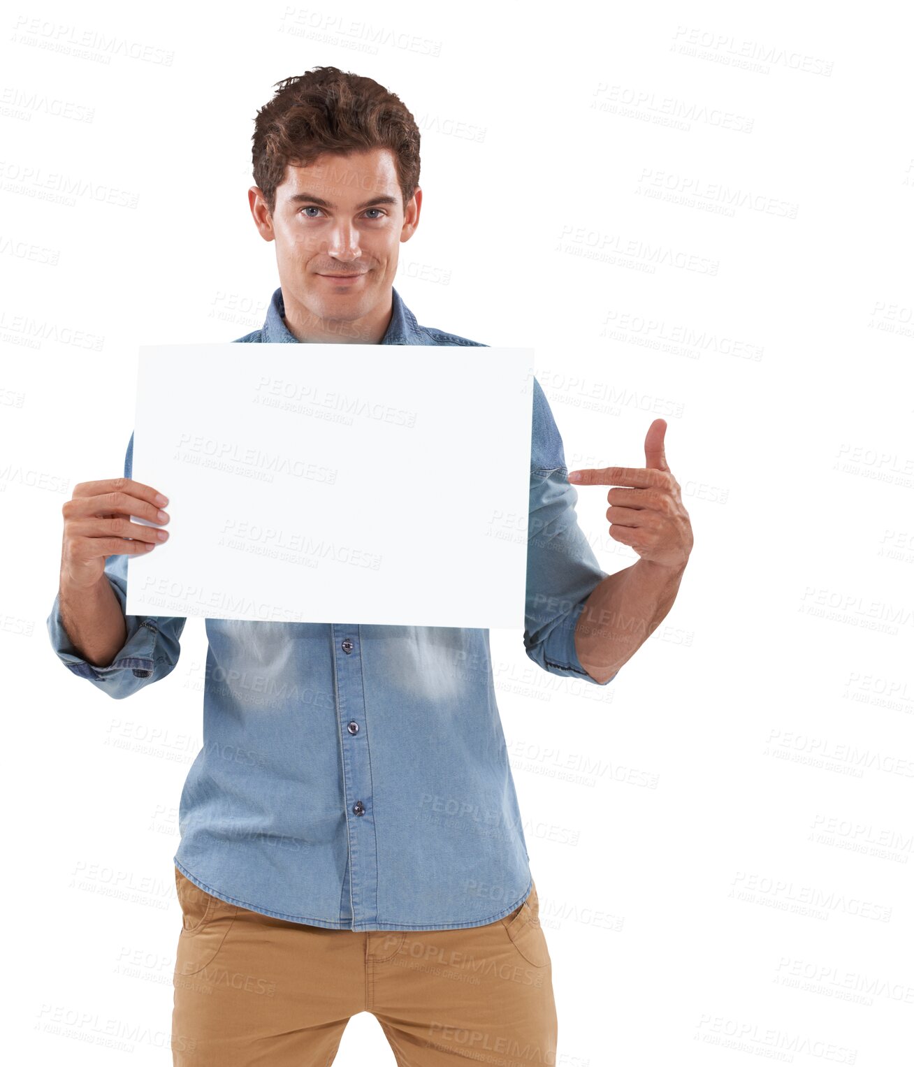 Buy stock photo Hand pointing, portrait and man with paper, poster or mockup on isolated, transparent or png background. Space, banner and face of male person with news, announcement or coming soon information promo