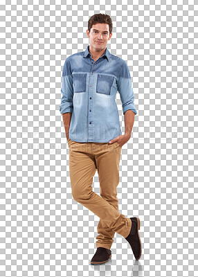 Buy stock photo Portrait, fashion and style with a handsome man isolated on a transparent background in a trendy outfit. Clothes, lifestyle and casual with a young male model posing in fashionable clothing on PNG