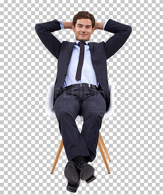 Buy stock photo Portrait, relax and a business man sitting on a chair in a suit isolated on a transparent background. Corporate, smile and professional with a happy male employee finished with a work task on PNG