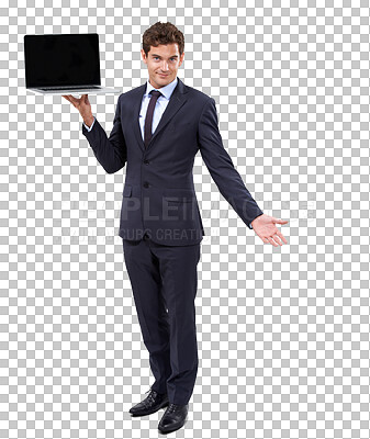 Buy stock photo Portrait of businessman, laptop and presentation isolated on transparent png background with review or feedback. Workshop, computer and man showing website information, proposal or startup project.