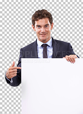 Buy stock photo Business man, poster pointing and advertising portrait of worker with mockup space for billboard deal. Promo, deal and announcement sign with a male executive isolated on transparent, png background