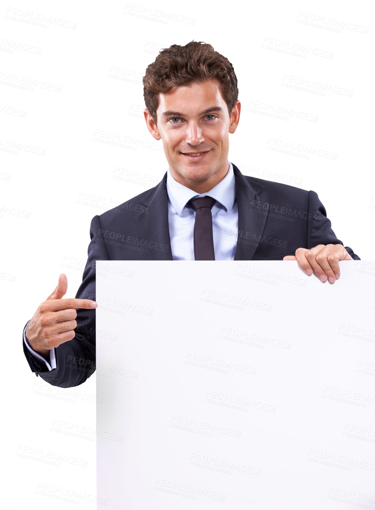 Buy stock photo Business man, poster pointing and advertising portrait of worker with mockup space for billboard deal. Promo, deal and announcement sign with a male executive isolated on transparent, png background