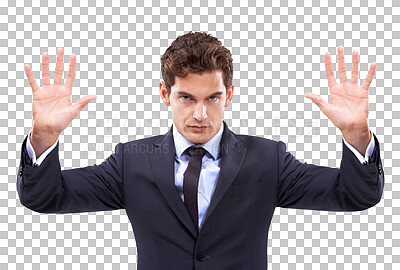 Buy stock photo Portrait of man in suit, stop and hand gesture for warning, danger or rejection isolated on transparent png background. Risk, doubt and businessman with hands up, no and compliance in job regulations