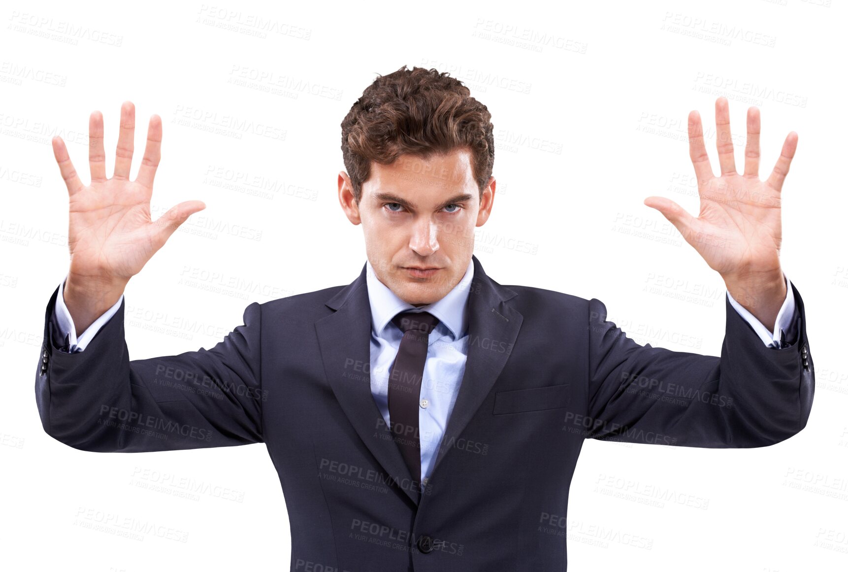 Buy stock photo Portrait of man in suit, stop and hand gesture for warning, danger or rejection isolated on transparent png background. Risk, doubt and businessman with hands up, no and compliance in job regulations